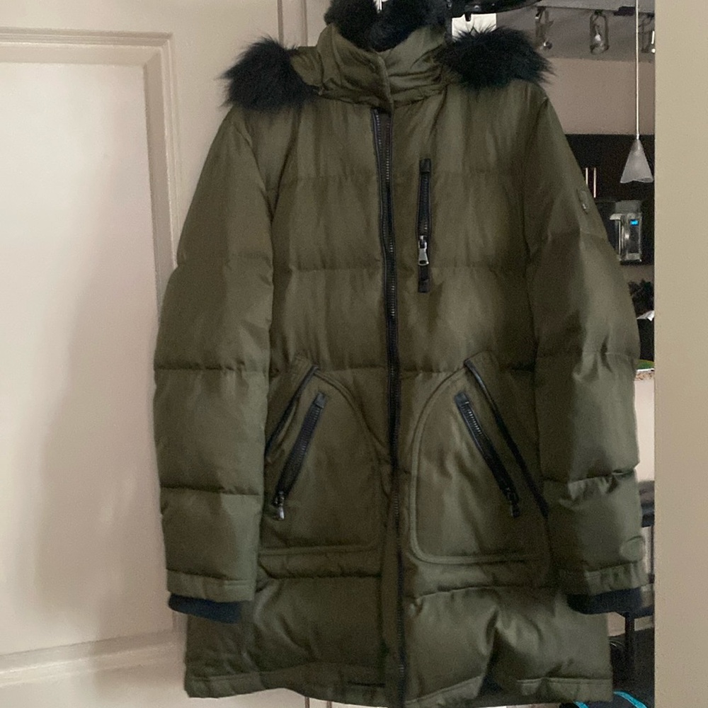 Vince Camuto knee-length coat. Removable hood. Faux leather details. Gently worn